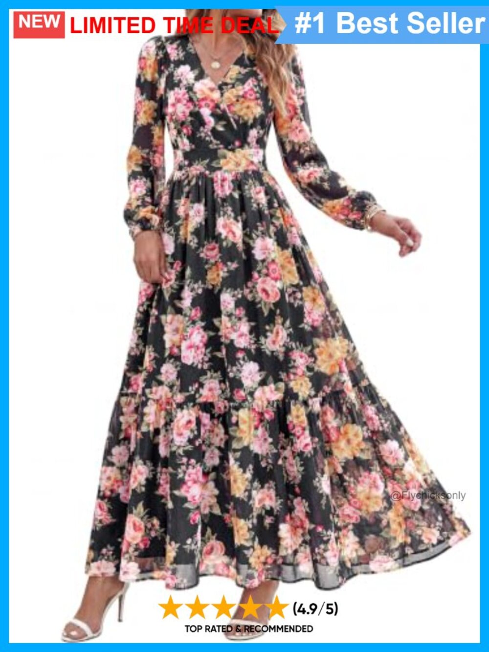 Women Boho Floral Maxi Dress Long Lantern Sleeve V Neck Belted A Line Chiffon